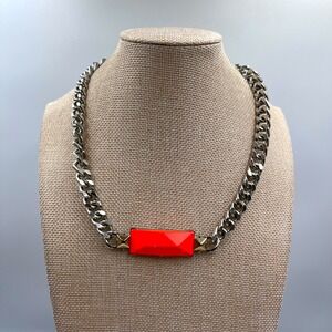 VTG Statement Chunky Silver Tone Curb Chain Necklace Faceted Rectangle Pendant